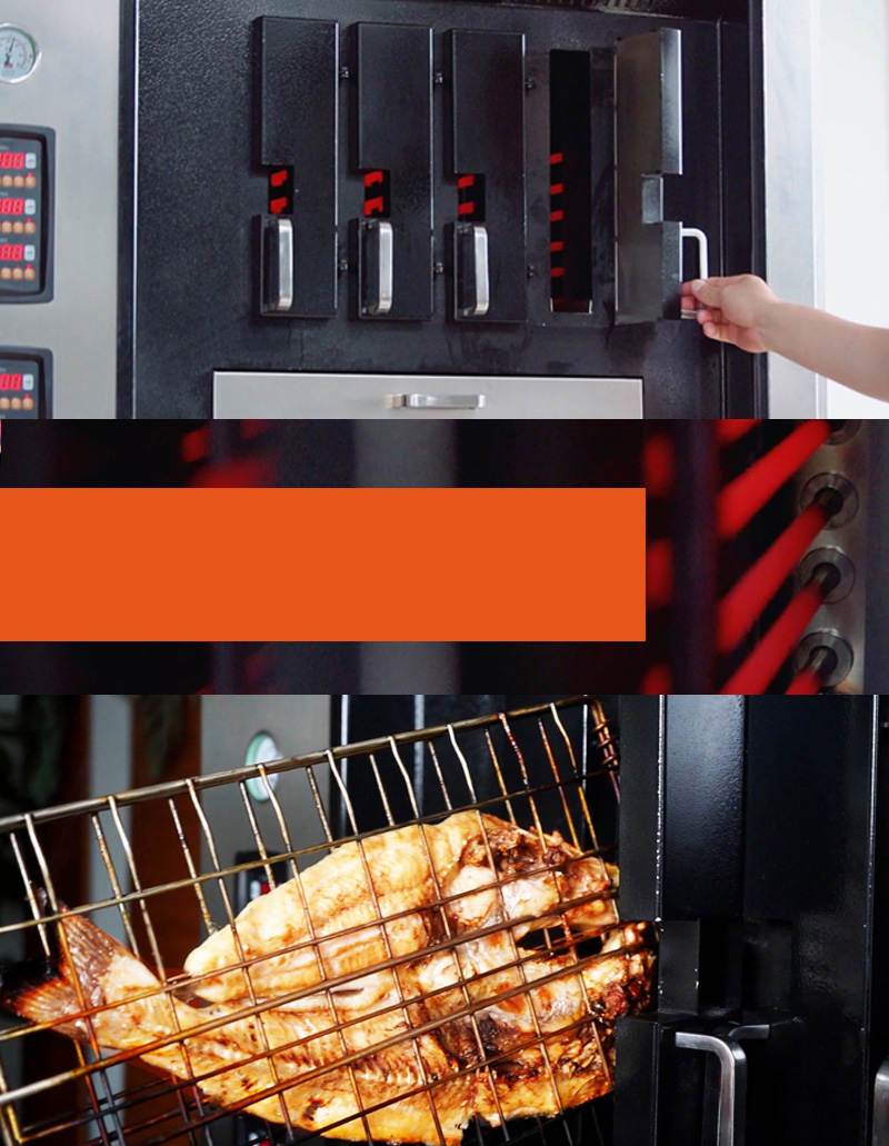 Grilled fish oven with rapid-heating elements and a fish in the roasting basket
