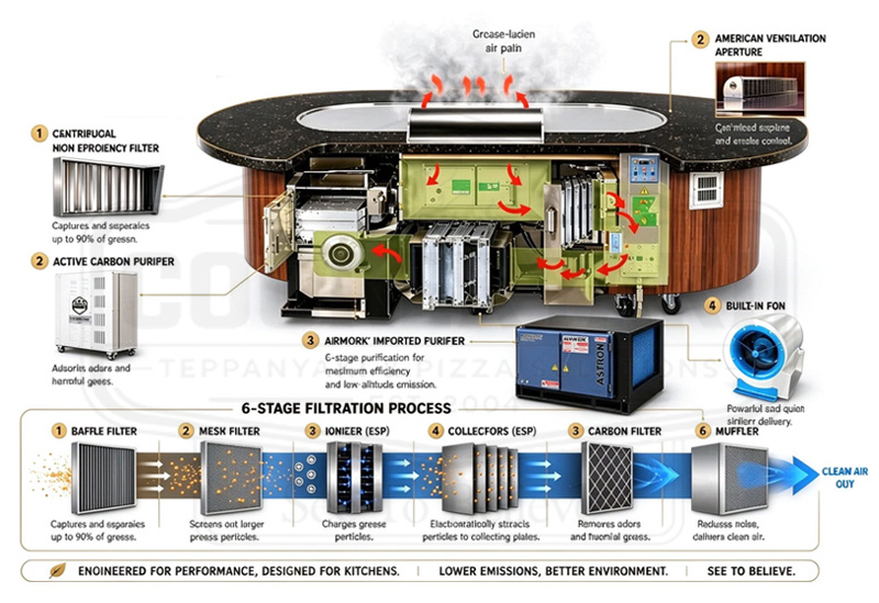 AIRWORK 6-stage filtration process inside a teppanyaki grill table