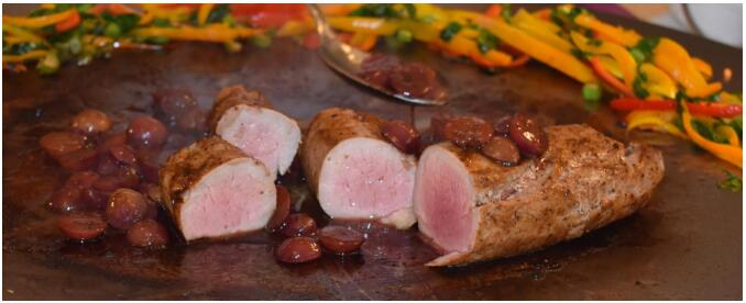 japanese teppanyaki table | pork tenderloin with rosemary, red wine, grape glaze
