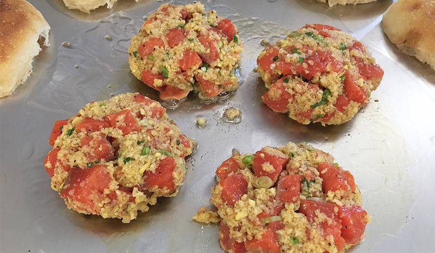 Teppanyaki Table Manufacturers | Teppanyaki salmon burger with citrus salad