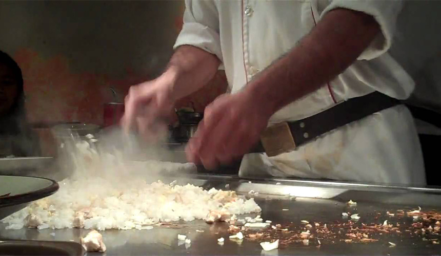 hoodless teppanyaki table | teppanyaki fried rice with ham