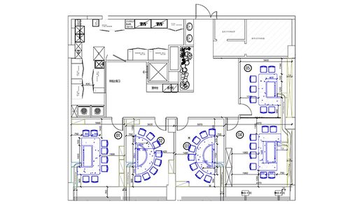 Teppanyaki Restaurant CAD Layout: 3 Rectangular + 2 Semicircular Grills