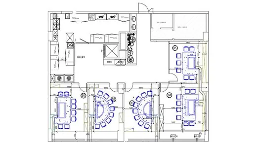 Teppanyaki Restaurant CAD Layout: 3 Rectangular + 2 Semicircular Grills