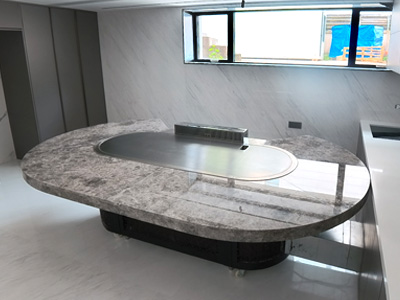 Oval Teppanyaki Table for 6-8 Guests with Iron Art Trim