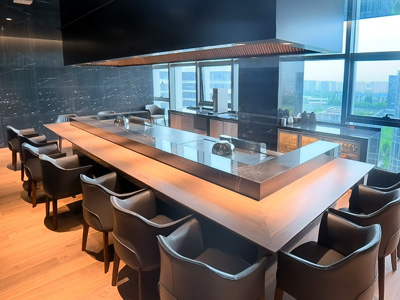 Rectangular Double-Station Teppanyaki Table for 12-14 Guests with Insulated Oil Channel